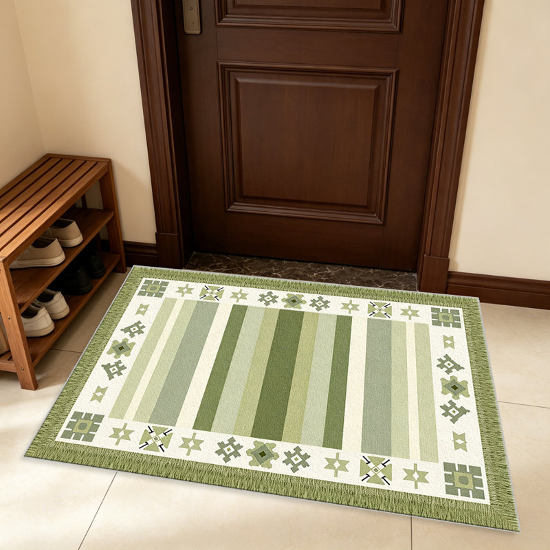 Sage Green & Beige Southwestern Fringe carpet-easy to clean, machine-washable, soft and comfortable; suitable for door mats, kitchens, living rooms, bedrooms, corridors, and laundry areas. Easy to clean, durable carpet for home decoration.