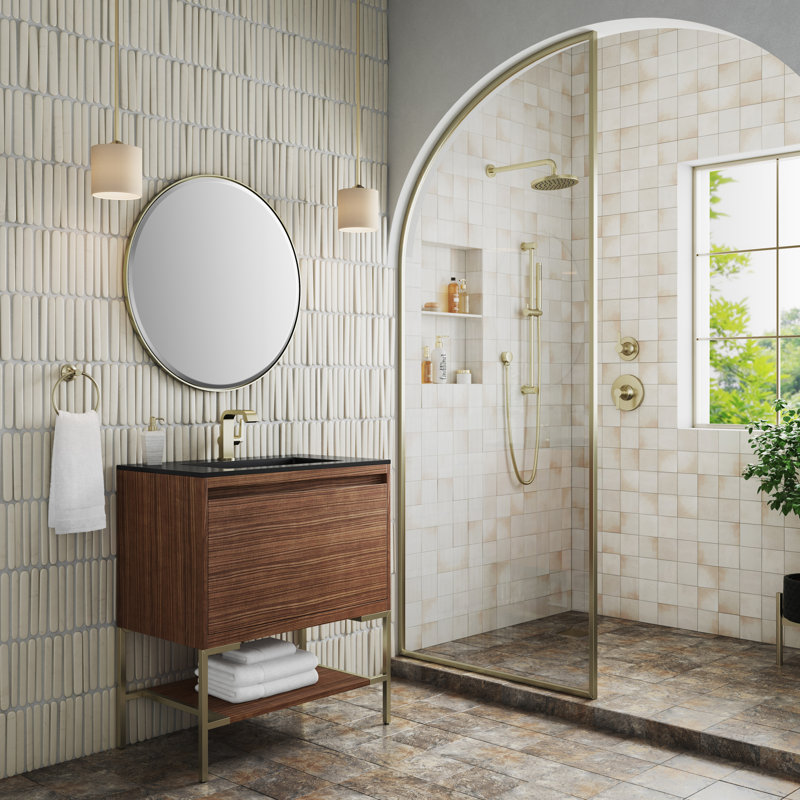 Mantova 31.5'' W Single Vanity, Charcoal Black, Mid Century Walnut/Champagne Brass