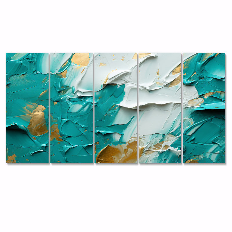 «Gold Bliss Marine Joy Teal White», ensemble de 5 décorations murales abstraites, H 28 po x l 60 po