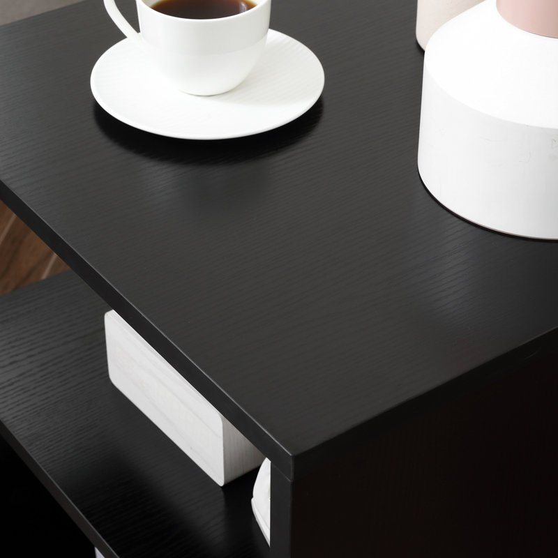 Table de bout, table d'appoint d'appoint, table basse en forme de S avec tablette de rangement et poteaux en acier, Noir