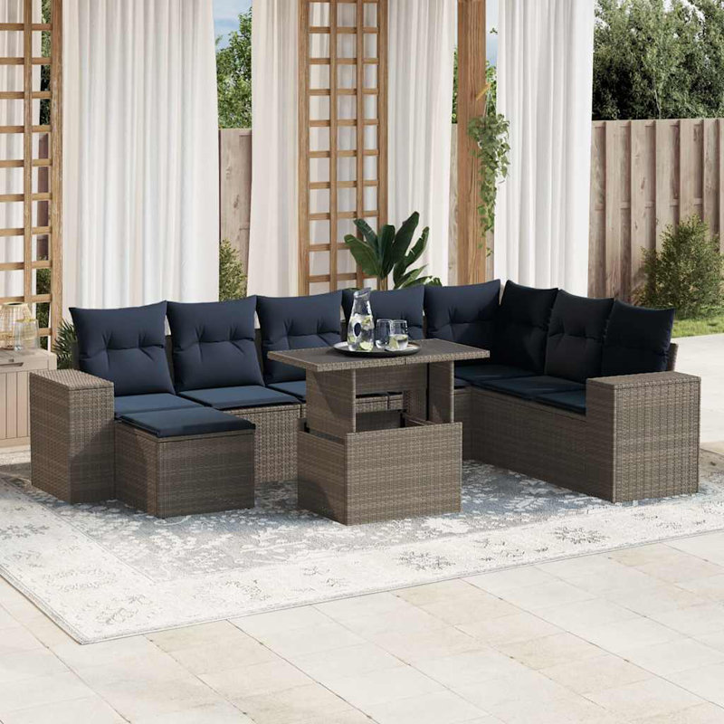 Ensemble de canapé de patio 9 pièces avec coussins en rotin de polyester, Gris, Marine