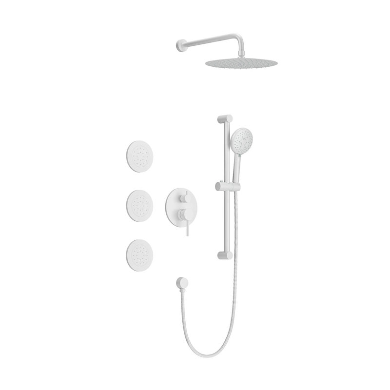 Système de douche avec pomme de douche, douchette à main, jets de corps, bras de douche, garniture de valve et poignées à levier