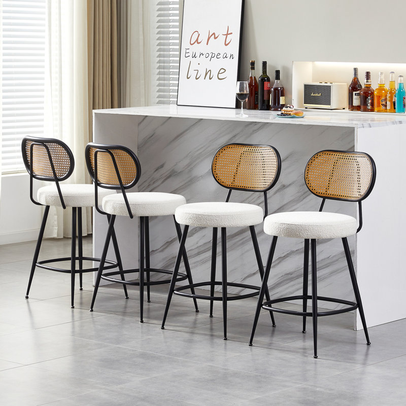 Tabouret de comptoir avec dossier en rotin, Beige, 4