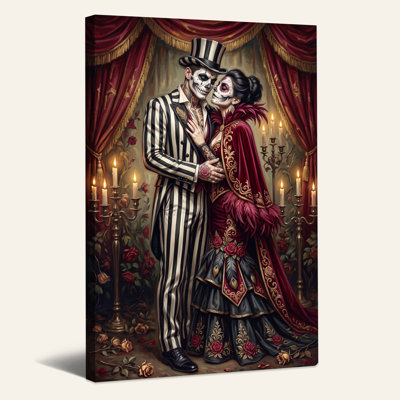 «Skeleton Couple» en costume rayé et velours rouge