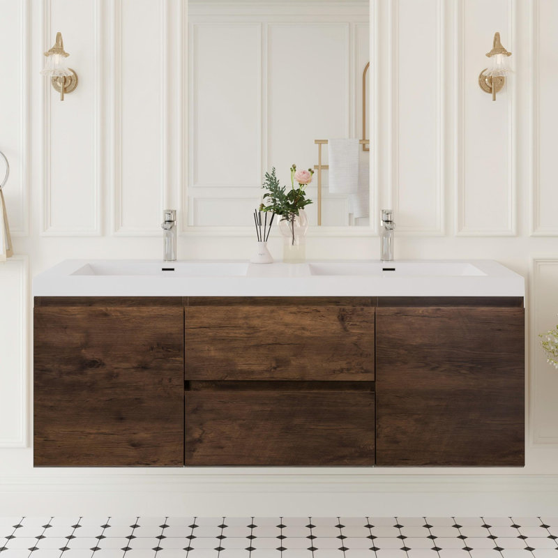 Ensemble de meuble-lavabo mural 60 po, Blanc lustré, Bois gris foncé
