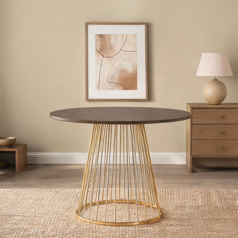 Table de salle à manger 4 places ronde en bois brun avec base abstraite dorée, style glam contemporain