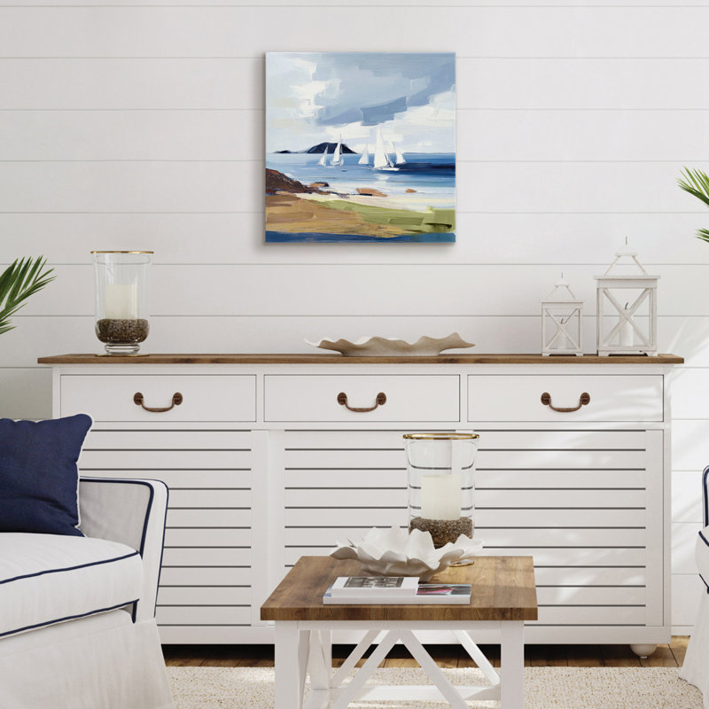 Art mural sur toile 16 x 16 avec voiliers blancs, océan bleu, sable beige et ciel nuageux - enveloppement de galerie - art mural côtier marin