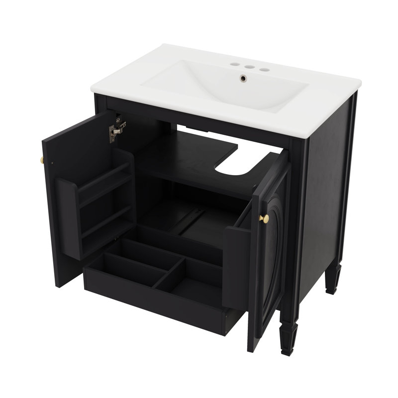 Meuble-lavabo de 60 po avec lavabo double, lavabos en céramique, portes à fermeture en douceur et tablette, Noir, Doré