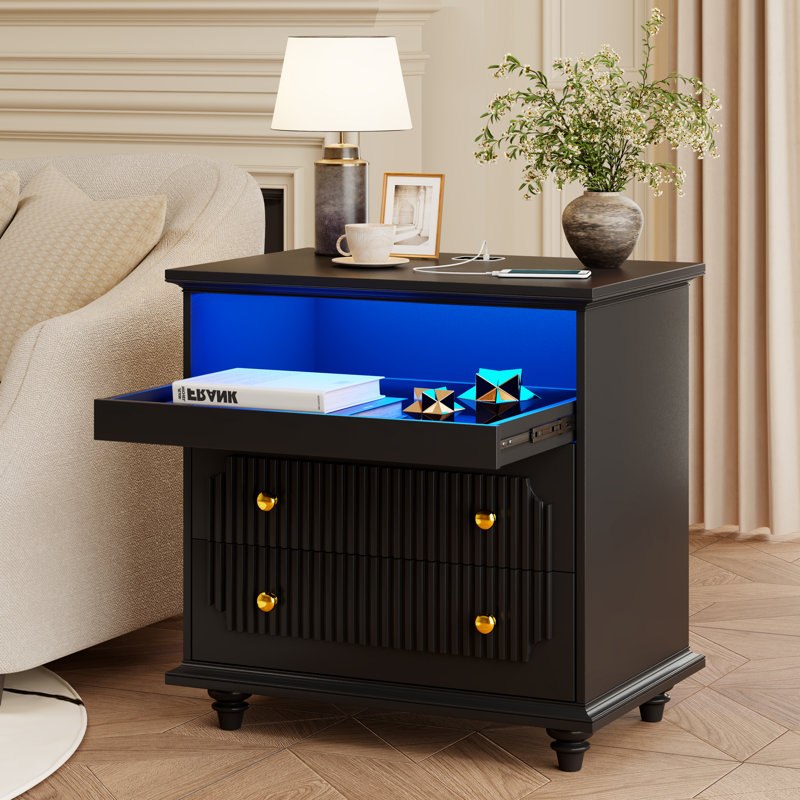 Table de chevet 2 tiroirs avec lumière, Noir