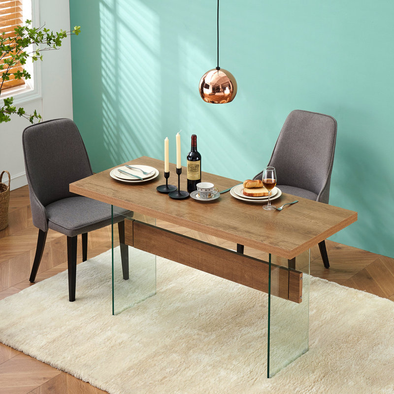 Modern 55 inches Rectangular Dining Table,High Glossy Glass Desk Table, Brown