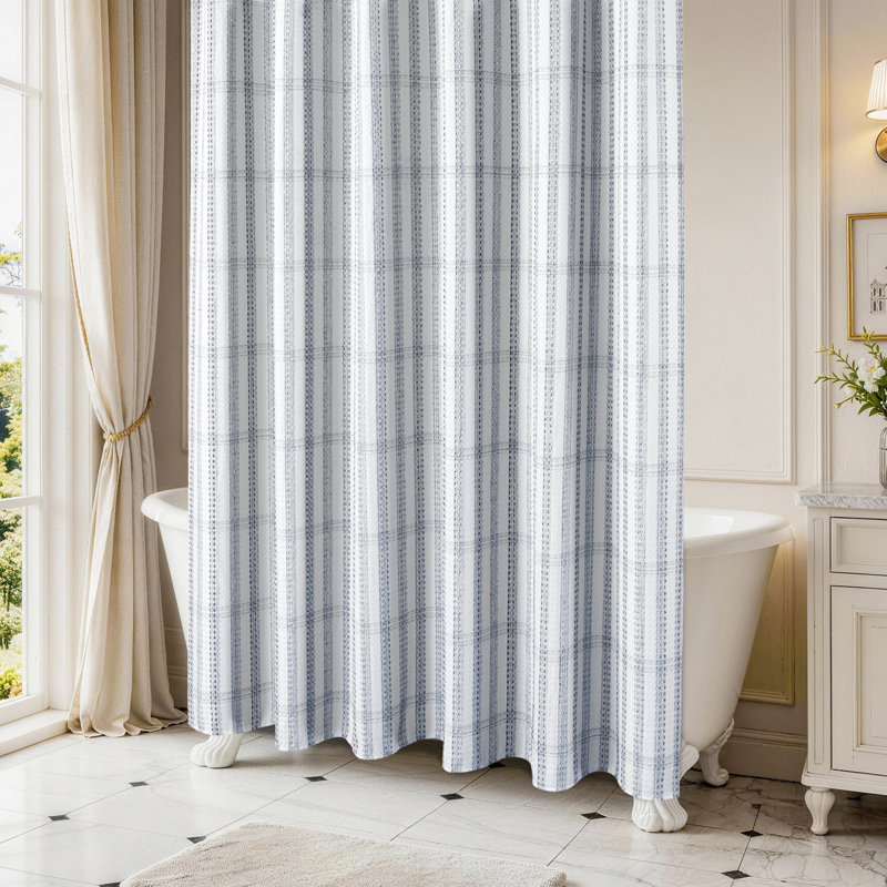 Rideau de douche rayé à motif de boutons gaufrés, Marine