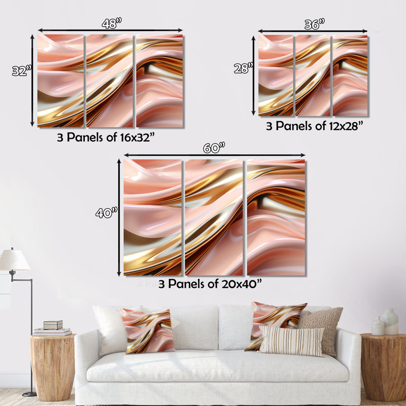 Rose et or liquide Glam Wave sur toile, reproduction de 3 pièces, H 40 po x l 60 po x P 1 po