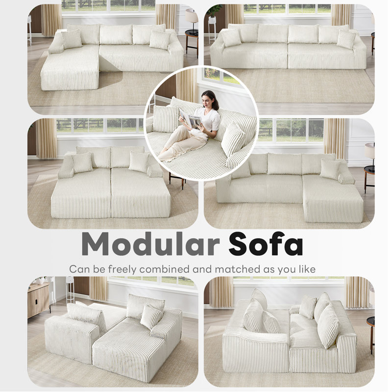 Canapé modulaire rembourré en velours côtelé avec 2 coussins Boneless, Beige