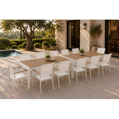 angea Home Aynura 12-Person Aluminum Outdoor Dining Set with 2 Rectangular Tables & Stackable Chairs, Powder-Coated & Anodized Aluminum, 