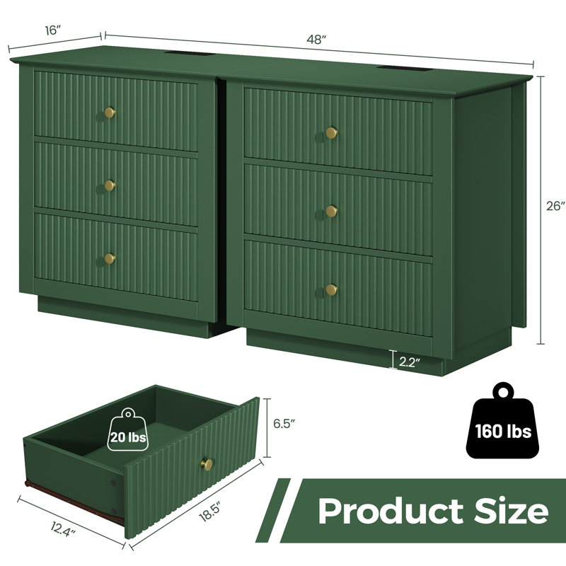 3-Drawer Dresser 24"W Solid Wood Fluted Chest With Built-In Outlets ( Set Of 2 ), Green