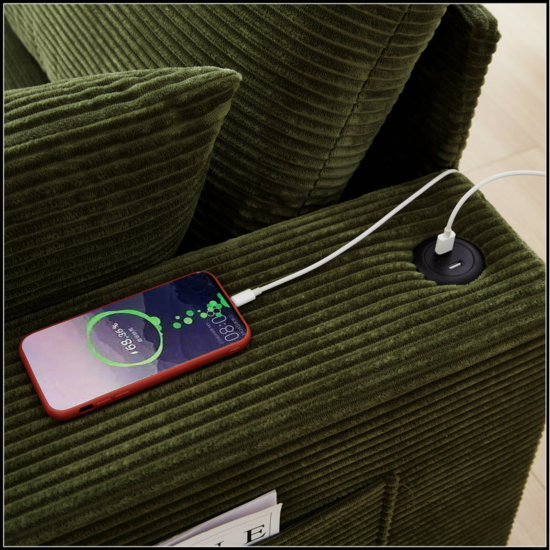 Canapé rembourré moderne à trois places en velours côtelé avec ports de charge USB et porte-gobelets moelleux confortable