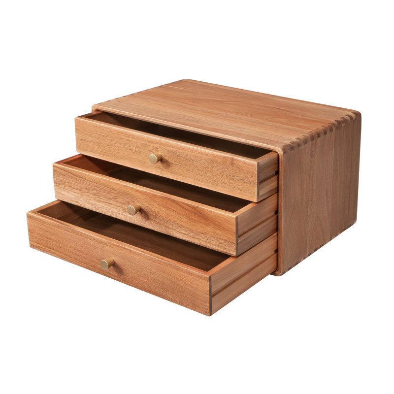  Vintage Acacia Wood Makeup Organizer Desktop Jewelry Storage Cabinet