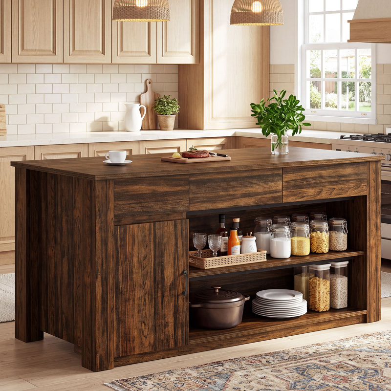 Îlot de cuisine 70,87 pouces avec 3 tiroirs, armoire et tablettes ouvertes, finition grain de bois rétro