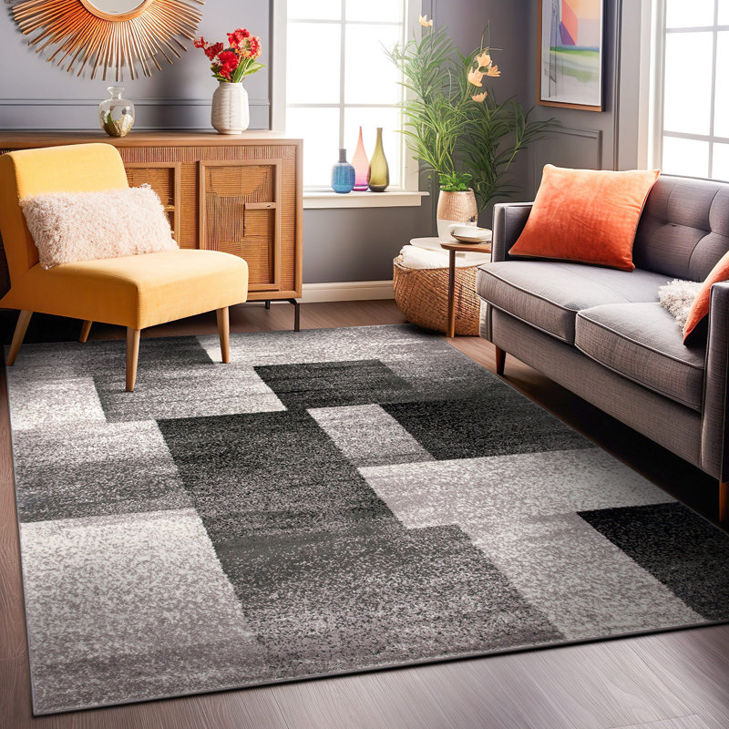 Tapis gris / ivoire / noir à motif géométrique Damarus, Rectangle 7 pi 10 po x 10 pi