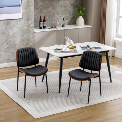 Dining Chairs Set Of 2 Mid Century Modern Retro Faux Leather Chair With Bentwood Upholstered Seat Metal Legs Adjustable Foot For Kitchen Dining Room C