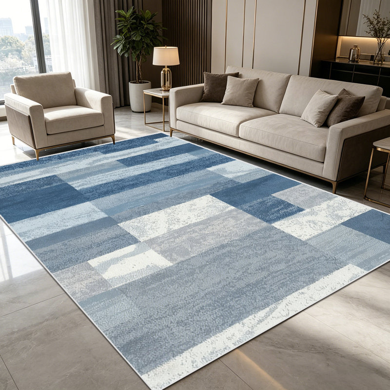 1PC Modern Abstract Geometric Patchwork Blue Grey Tone area rugs, Soft and Comfortable, easy-to-maintain, machine washable Indoor floor mat, suitable for living room, bedroom, dining area, home office, hallway, balcony, patio, lounge, Home Decor, Out