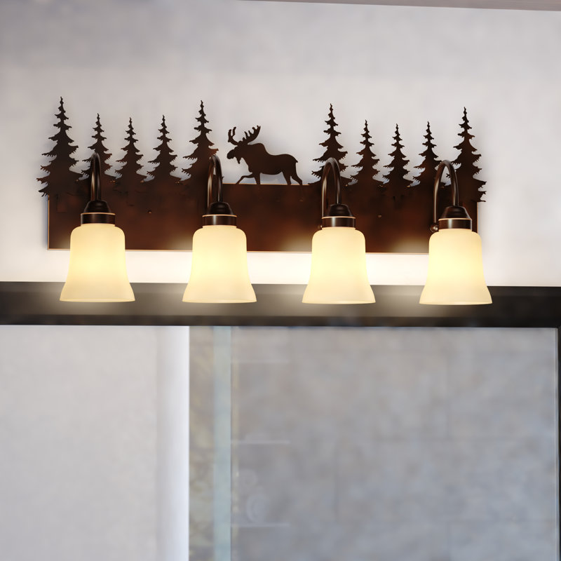Homar 4-Light 33 inch Wide Burnished Bronze Rustic Cabin Bathroom Vanity Lighting Fixture, Amber Flake Glass Shade Moose and Trees Dimmable LED Compatible Over the Mirror Wall Mounted