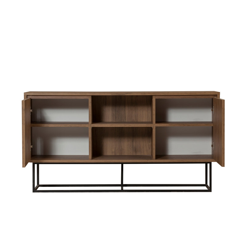 Modern Console Table with Metal Legs, Walnut & Black Finish, 55.1 x 28.3 x 14.2 inches | 100% Melamine Coated Particle Board, 0.7 inches Thick | Wall-Mountable Design, Multiple Shelves for Additional Storage