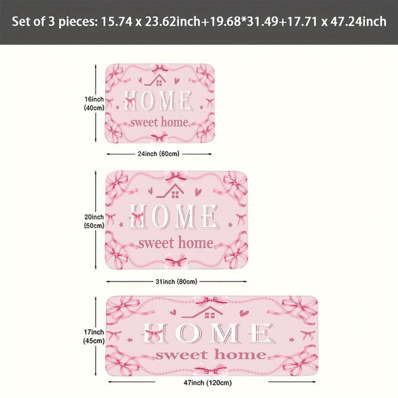Ensemble de 3 tapis de cuisine Pink Bow Home Sweet Home pour cuisine, chambre à coucher, rose blanc