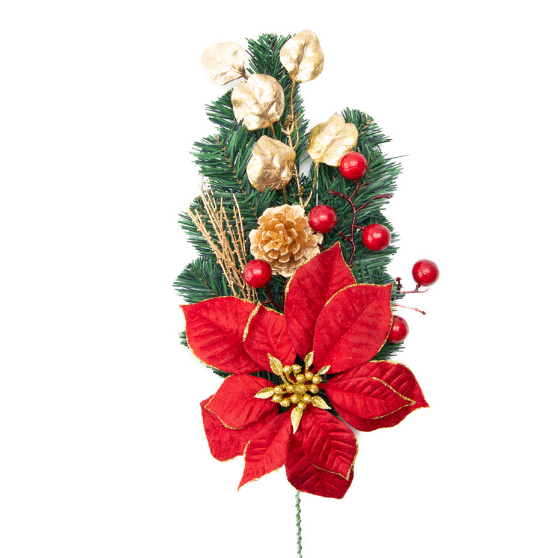 Poinsettia rouge et jet de pomme de pin doré - ensemble de 2