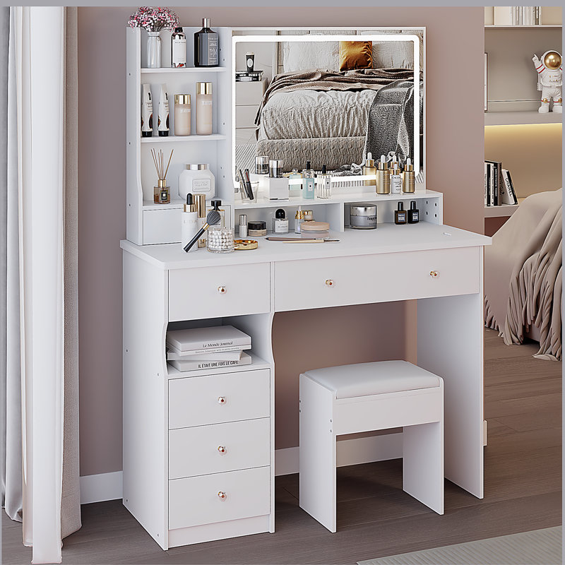41" Large Size Left Drawer Desktop Vanity Table+Cushioned Stool, Extra Large Touch Control LED Mirror, 3-color Switch, Multi Layer High Capacity Storage Fashionable Dresser, Suitable For Large Space