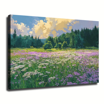 «Mauve Wildflower Meadow Sunny Forest Landscape», reproduction d'art sur toile tendue avec grande galerie pour le salon, la chambre à coucher