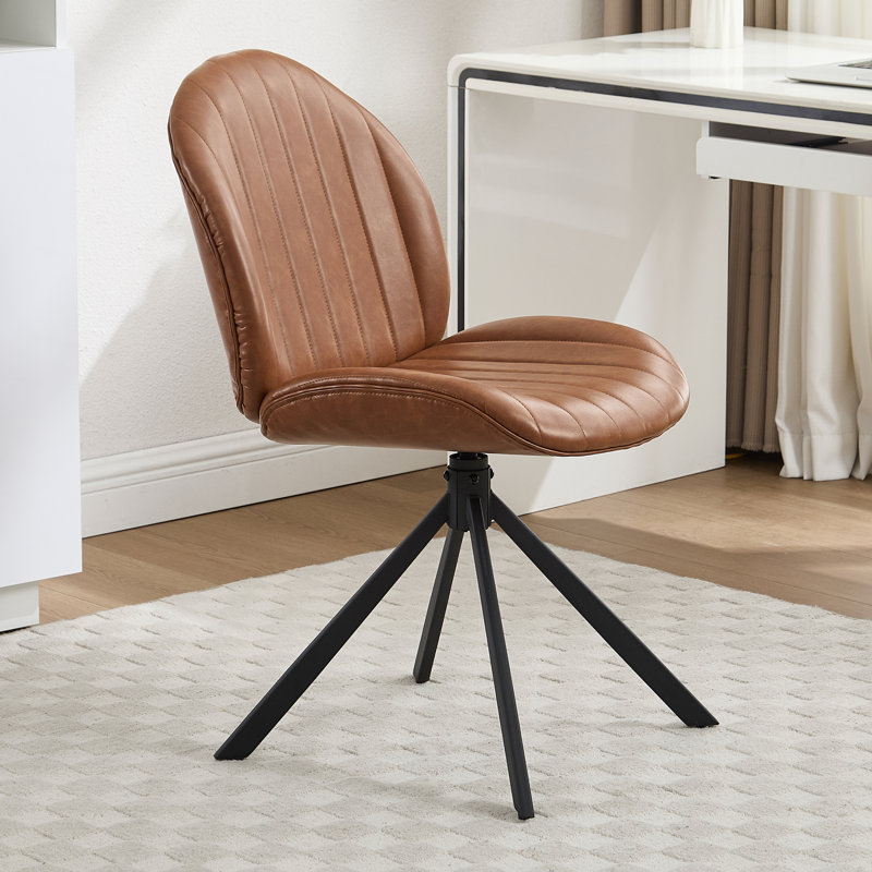 Swivel Office Chair,No-Wheel Vanity Chair With Metal Legs, Brown, Polyurethane