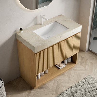 Meuble-lavabo FINO 36, sur pied, comptoir en pierre frittée couleur crème veinée or et lavabo en céramique avec 1 trou pré-percé pour robinetterie, démonté, robinetterie et bonde non inclus, couleur chêne Corolla
