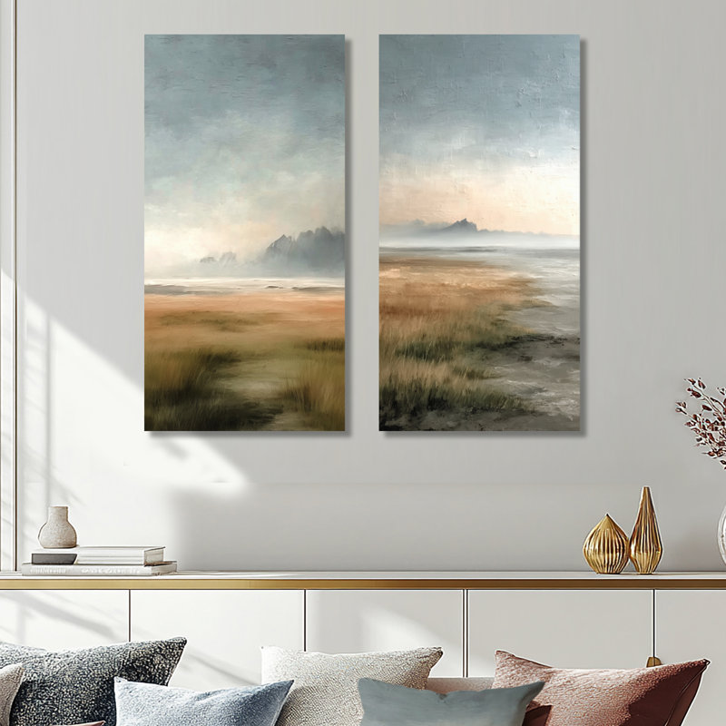 Vert et gris, pluie côtière après-midi - océan, ensemble de 2 reproductions d'art mural en métal, 32" H x 32" W