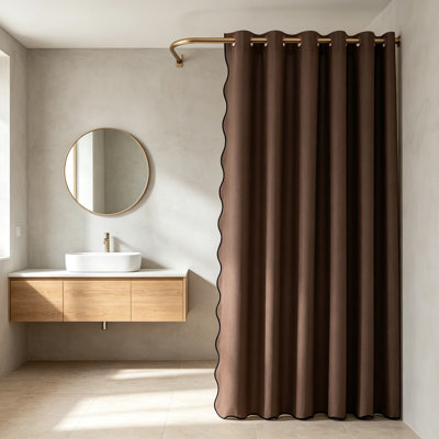 No Hook Scalloped Shower Curtain, Linen Waterproof Bath Curtains, Farmhouse Weighted Neutral Tall Shower Curtain with Black Border, Faux Linen Fabric, Easy Snap-On Installation