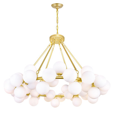 39" Satin Gold Chandelier for Living Room, Dining Room – 45-Light Globe Design with G9 Bulb Base – LED Compatible, Frosted Glass Spheres – BACL Certified