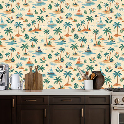 Papier peint adhésif peler et coller en PVC, revêtement mural auto-adhésif amovible avec impression de bord de mer, de voiliers nautiques et de voiliers, impression imperméable pour la décoration intérieure - Rouleau