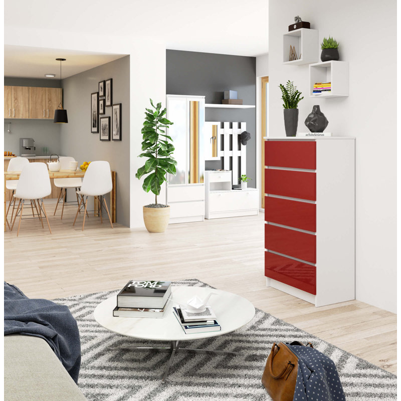 Eldrid 5 Drawer 60Cm W Chest of Drawers, Red Gloss