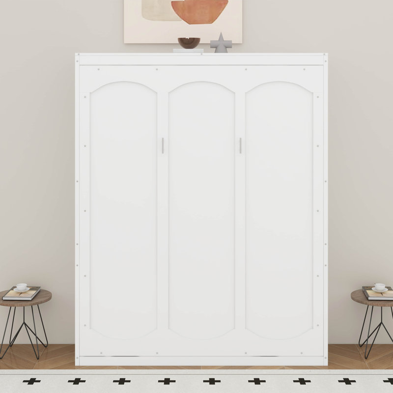 Grand lit escamotable mural avec tablettes, Blanc