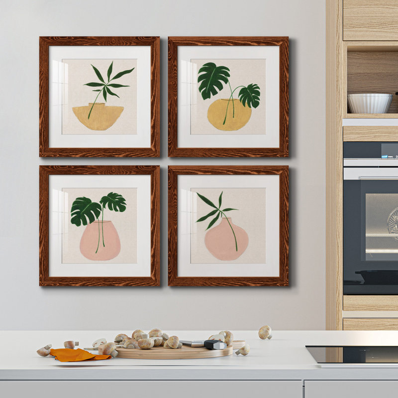Simple Nature I - 4 Piece Single Picture Frame Print on Canvas, Burgundy Framed, 17" H x 17" W x 1" D