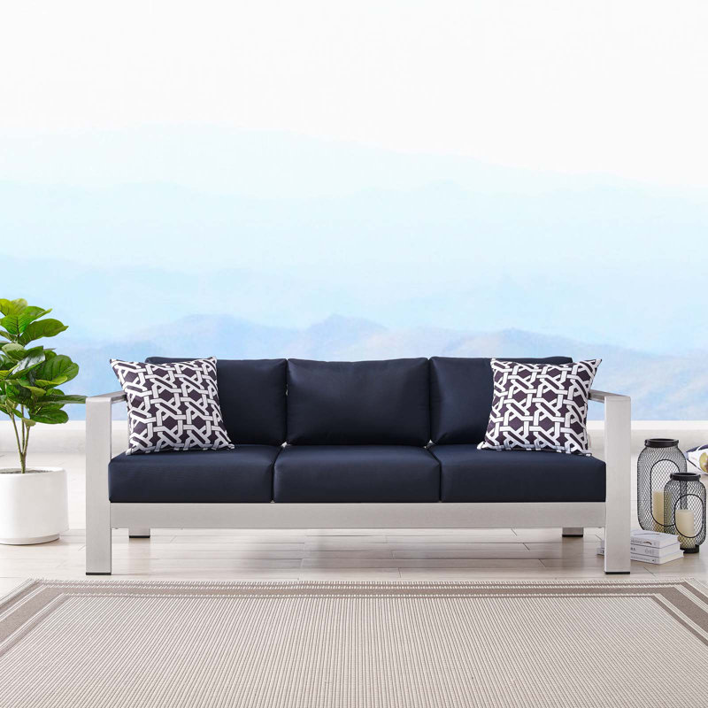 Shore Outdoor Patio Aluminum Sofa, Silver Navy