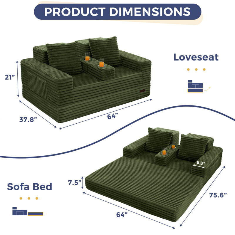 Boneless 4 In 1 Convertible Boneless Couch, Green, 21" H x 64" W x 37.8" D
