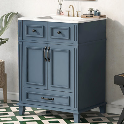 Bathroom Vanity With Ceramic Sink,Solid Wood Frame Bathroom Storage Cabinet With Soft Closing Doors,Retro Style