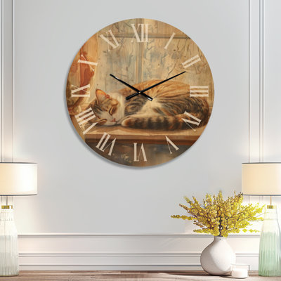 Horloge murale surdimensionnée en bois à imprimé animalier - Chat endormi sur le rebord de la fenêtre
