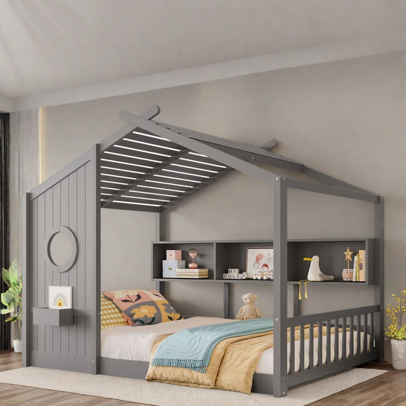 Lit sur pied avec tablettes de rangement, Double, Gris