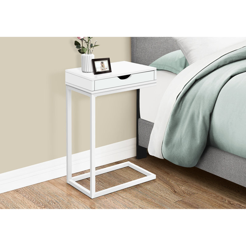 Contemporary Snack Table With Storage, White Laminate And Metal, For Bedroom Living Room Table, & Storage Use