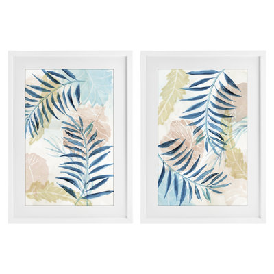 Ensemble de 2 reproductions sous verre pastel et palmiers bleus encadrés, design par Nan