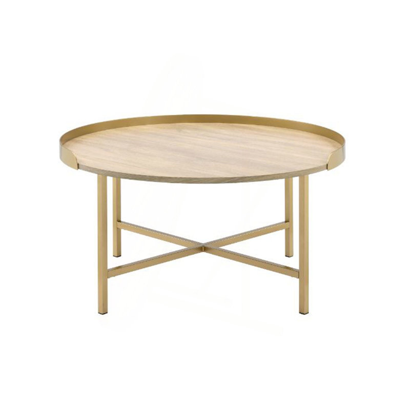 Table basse à plateau rond en chêne et or