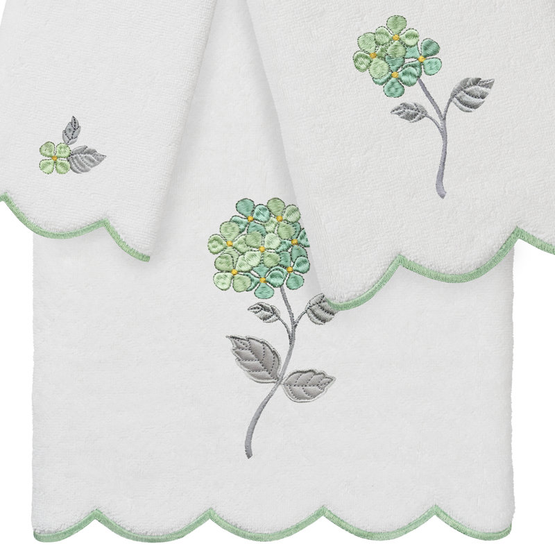  Ensemble de serviettes 100% coton turc 2 pièces à festons embellis HYDEA, Blanc/vert, Ensemble de 2 serviettes à doigts