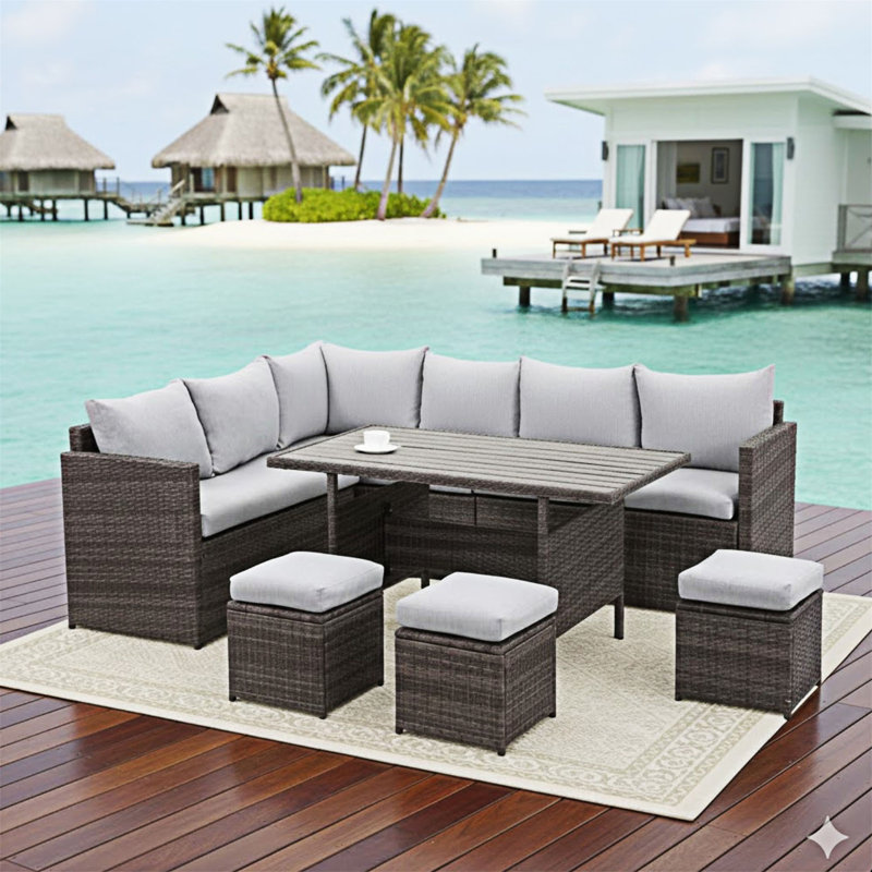 Ensemble de canapé modulaire d'extérieur en osier 7 pièces 7 pièces, Espresso, Gray